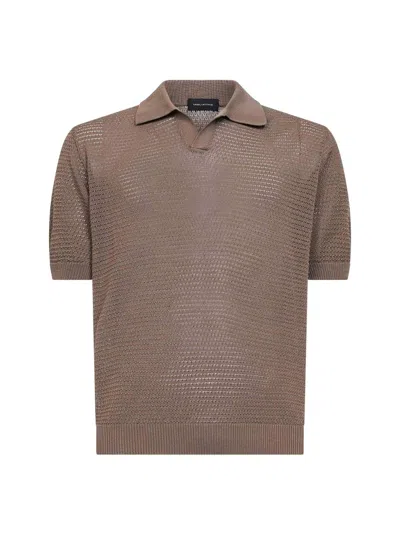 Tagliatore Dove Grey Cotton Pointelle Knit Polo Shirt In Brown