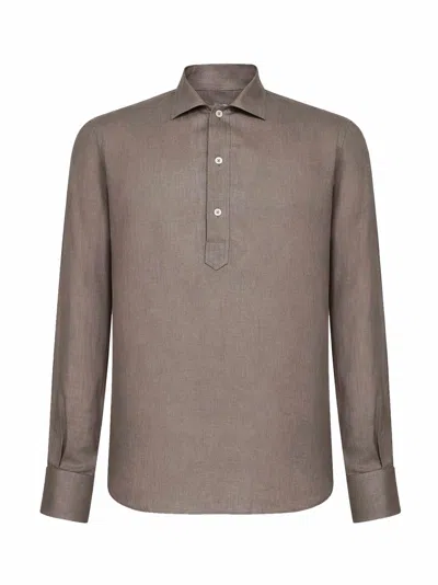 Tagliatore Dove Grey Linen Polo-style Shirt In Brown