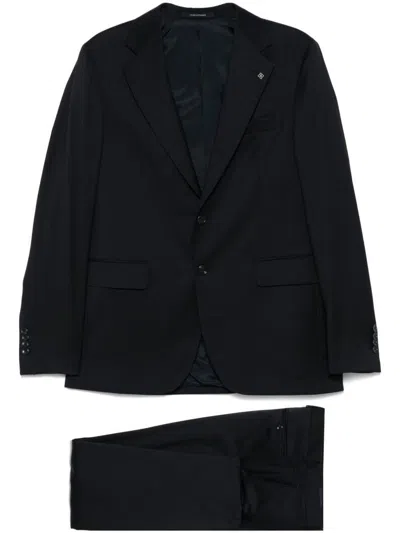 Tagliatore Black Suit In Virgin Wool With Single-breasted Jacket And Trousers In Blue