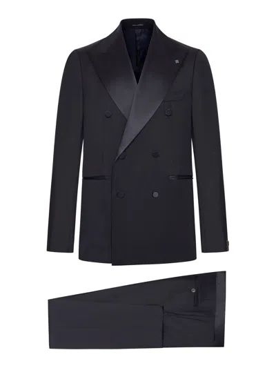 Tagliatore Double Breasted Wool Suit With Silk Inserts In Blue