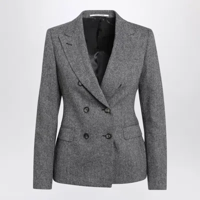 Tagliatore Double-breasted Black Herringbone Wool And Cashmere Jacket In Gray