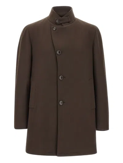 Tagliatore Gordon High-neck Buttoned Coat In Brown