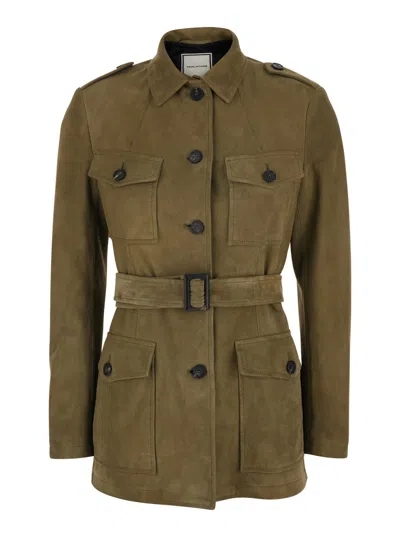 Tagliatore Green Single-breasted Leather Jacket With Classic Collar And Belt On The Waist Woman