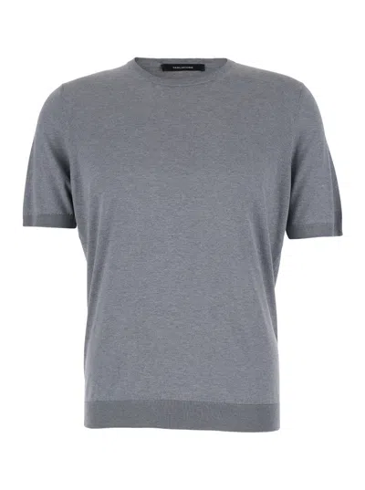 Tagliatore Grey Crewneck T-shirt With Ribbed Edges In Blu Melange