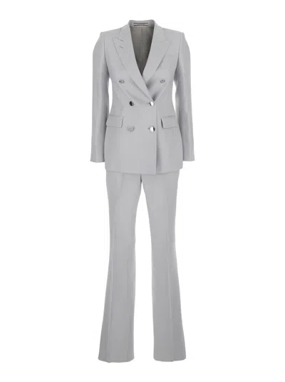 TAGLIATORE GREY DOUBLE-BREASTED SUIT WITH GOLDEN BUTTONS IN LINEN WOMAN