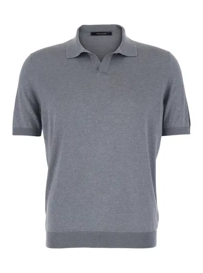 Tagliatore Grey Polo Shirt With Buttonless Collar And Ribbed Trims In Silk Man In Gray