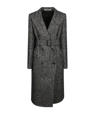 Tagliatore Herringbone Belted Coat In Black