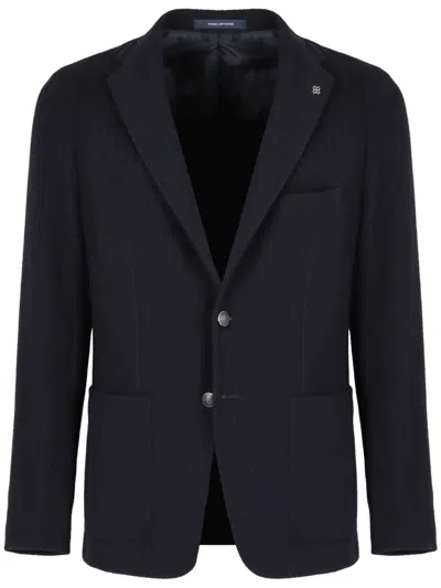 Tagliatore Black Jacket With Classic Revers And Logo Pin In Kashmir Man In Blue