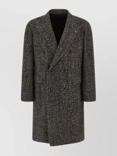 Tagliatore Herringbone Double Breasted Long Sleeve Coat In Black