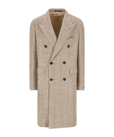 Tagliatore Herringbone Patterned Double-breasted Coat In Brown