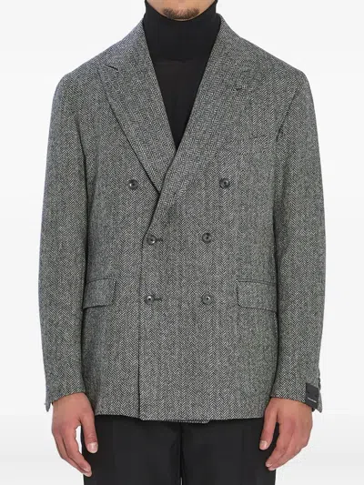 Tagliatore Double-breasted Herringbone Wool Jacket In Gray