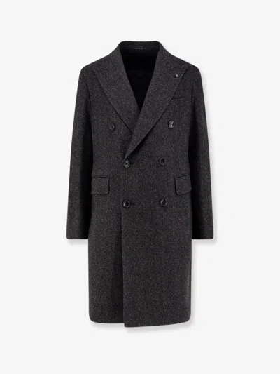 Tagliatore Herringbone Virgin Wool And Cashmere Coat In Black
