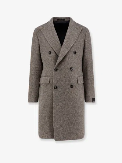 Tagliatore Herringbone Virgin Wool And Cashmere Coat In Gray