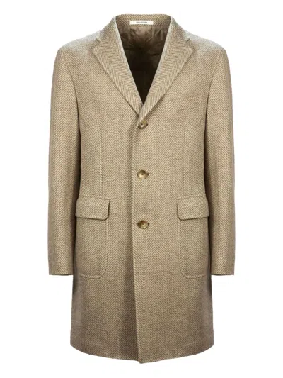 Tagliatore Herringbone Weave Brooch Coat In Neutral