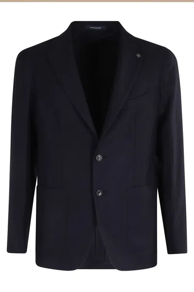 Tagliatore Herringbone Wool Jacket With Reverse Neckline In Blue