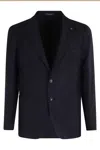Tagliatore Herringbone Wool Jacket With Reverse Neckline In Blue