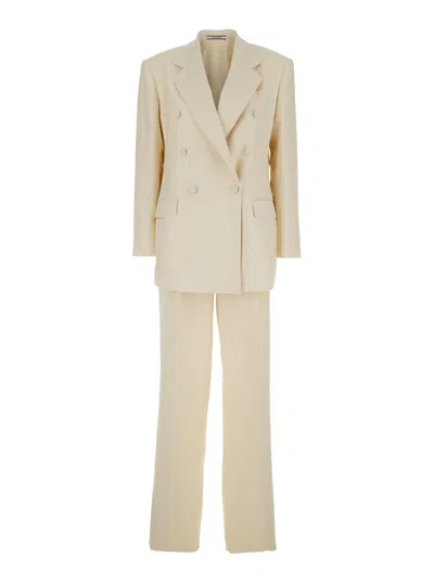 Tagliatore Inspired White Linen Double-breasted Suit For Women In Neutral