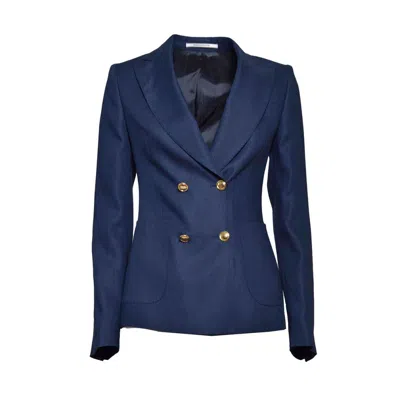 Tagliatore J-coral Double Breasted Jacket In Blue Linen