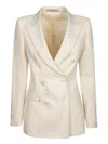 Tagliatore Striped Cotton Double-breasted Jacket With Tone-on-tone Buttons In Beige