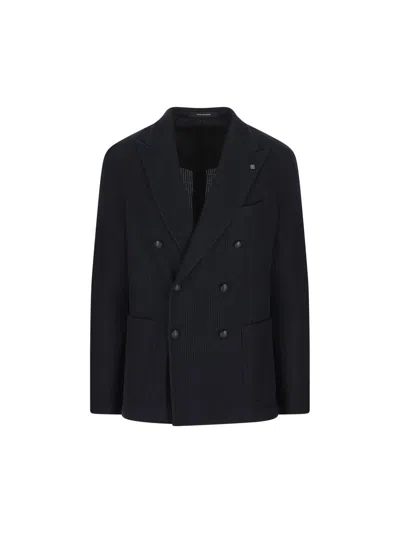 Tagliatore Ribbed Double-breasted Jacket In Blue