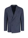 Tagliatore Blue Double-breasted Blazer With Logo Pin On The Front In Linen And Cotton Blend Man In Blue