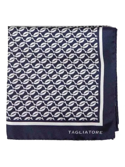 Tagliatore Blue Monogram Silk Twill Scarf In Multi