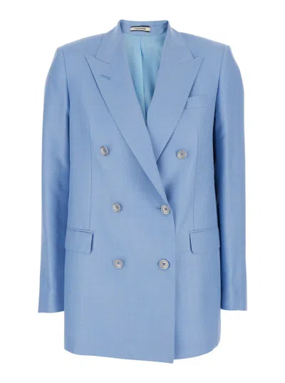 Tagliatore Jasmine Light Blue Double-breasted Jacket With Peak Revers And Jewel Buttons In Wool Blend Woman