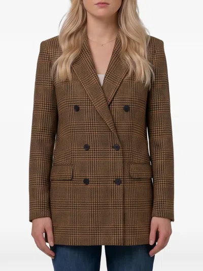 Tagliatore Double-breasted Checkered Wool Jacket With Red Accents In Brown