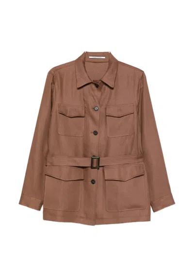 Tagliatore Linen Jacket Belted Waist Long Sleeves In Brown