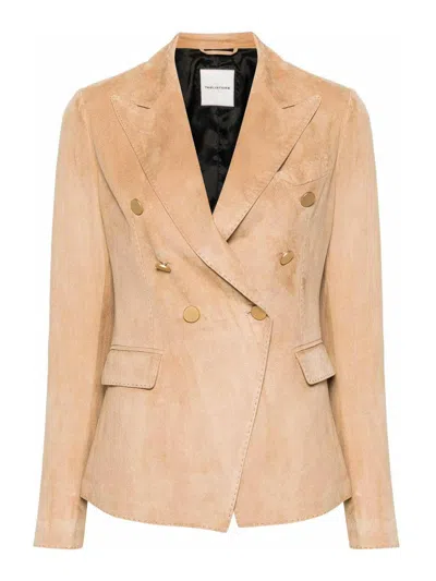 Tagliatore Leather Double-breasted Jacket In Beige