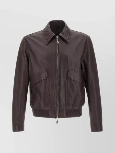 Tagliatore Leather Jacket With Collared Design And Front Pockets In Brown