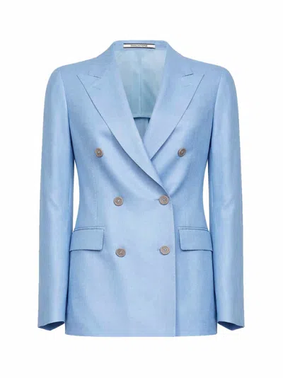 Tagliatore Light Blue Wool And Silk And Linen Double-breasted Blazer