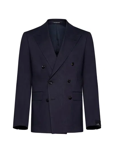 Tagliatore Linen And Wool-blend Double-breasted Blazer In Blue