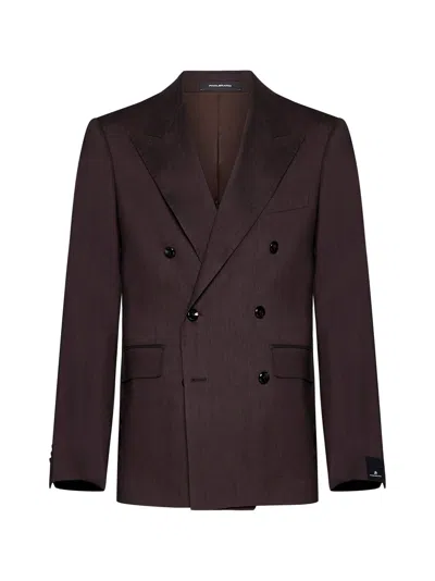 Tagliatore Linen And Wool-blend Double-breasted Blazer In Burgundy