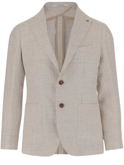 Tagliatore Linen Blend Single-breasted Jacket With Houndstooth Pattern In Beige