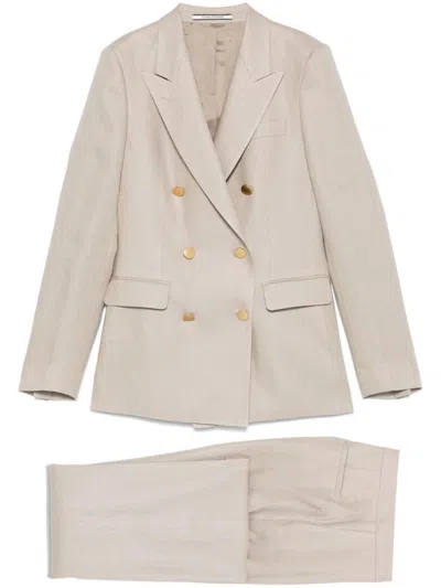 Tagliatore Linen Double-breasted Suit In Taupe In Brown