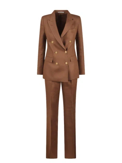Tagliatore Double-breasted Linen Suit In Brown