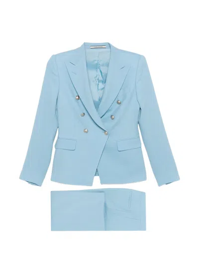 Tagliatore Linen Double-breasted Suit In Blue
