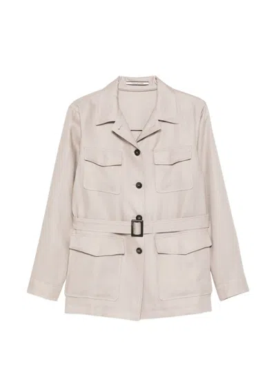 Tagliatore Linen Jacket Belted Waist Flap Pockets In Neutral