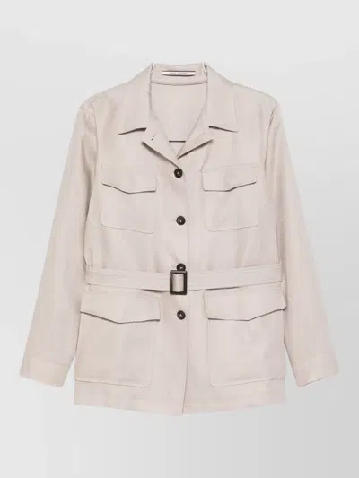 Tagliatore Linen Jacket Belted Waist Flap Pockets In Neutral