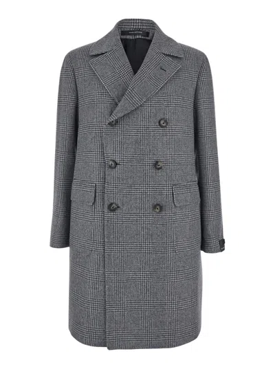 Tagliatore Londra Grey Oversized Double-breasted Coat With All-over Stripes Motif In Wool Blend Man In Gray