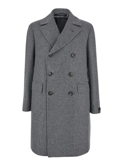 TAGLIATORE 'LONDRA' GREY OVERSIZED DOUBLE-BREASTED COAT WITH ALL-OVER STRIPES MOTIF IN WOOL BLEND MAN