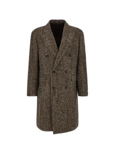 Tagliatore Londra Herringbone Double-breasted Coat In Brown