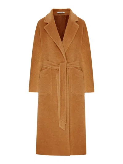 Tagliatore Long Camel Belted Coat In Multi