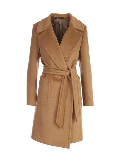 Tagliatore Long Coat W/belt In Brown