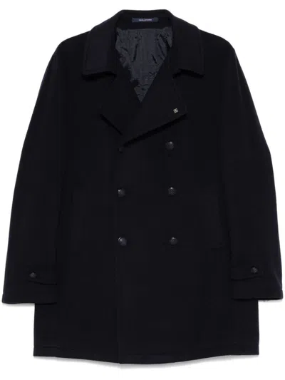 Tagliatore Long Double-breasted Virgin Wool Coat In Blue