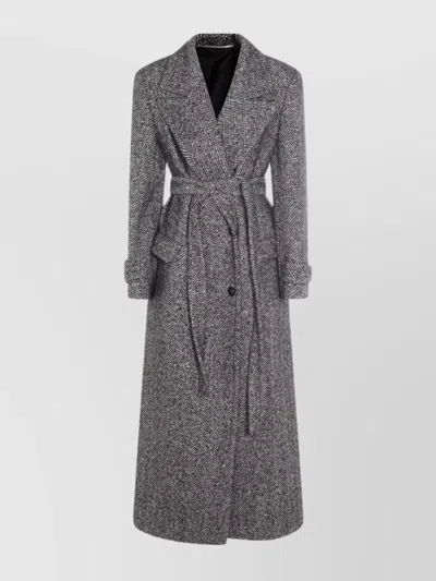 Tagliatore Long Herringbone Coat Belted Waist In Gray