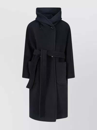 Tagliatore Long Hooded Jacket With Belt And Pockets In Blue