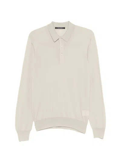 Tagliatore Long Sleeve Knit Polo In 100% Virgin Wool In Beige