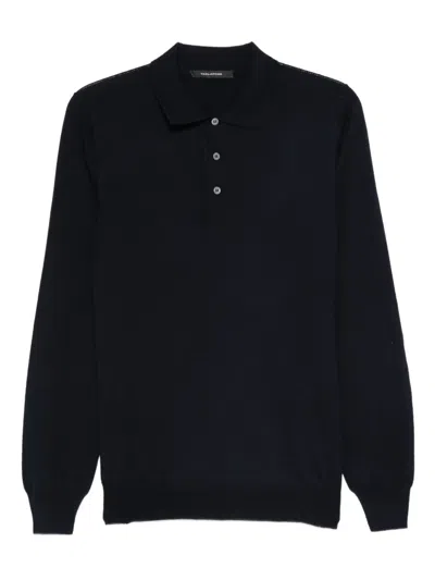 Tagliatore Wool Polo Shirt With Long Sleeves And Ribbed Hem In Black